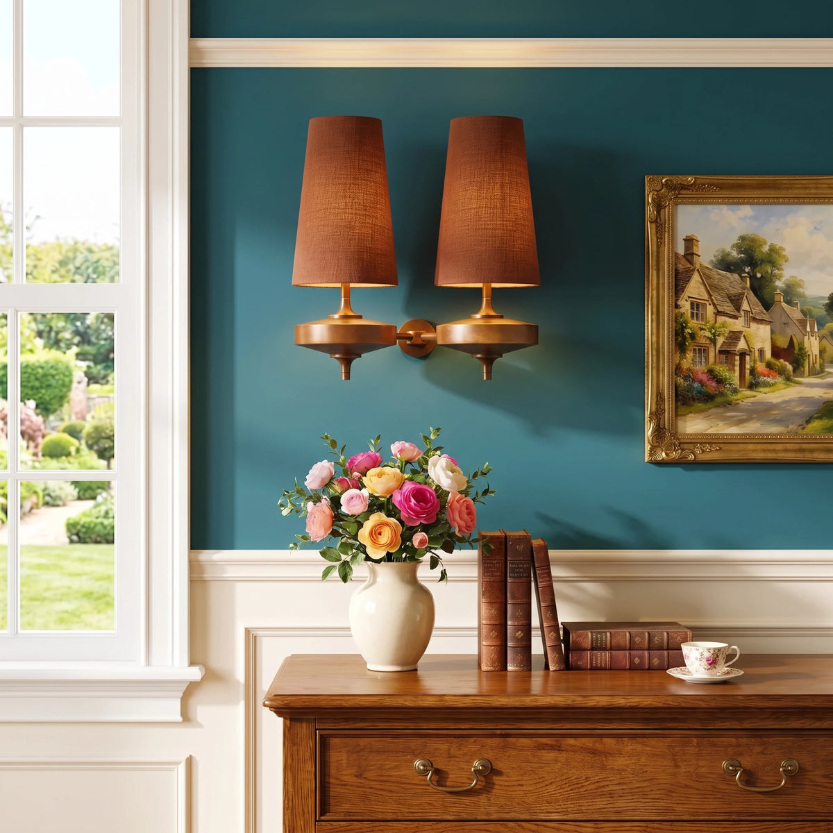 Lisk red 2-head fabric shade wall light on a deep teal wall beside a gilt-framed cottage painting and a vase of roses