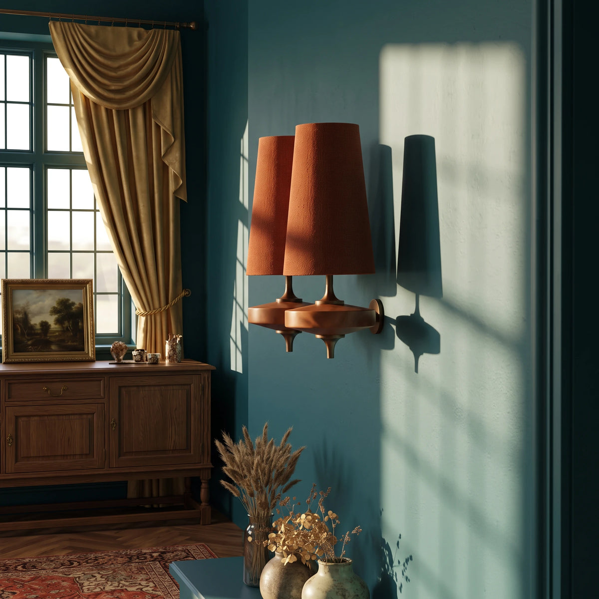 Lisk red 2-head fabric shade wall light on a deep teal wall beside gold curtains and an oak sideboard