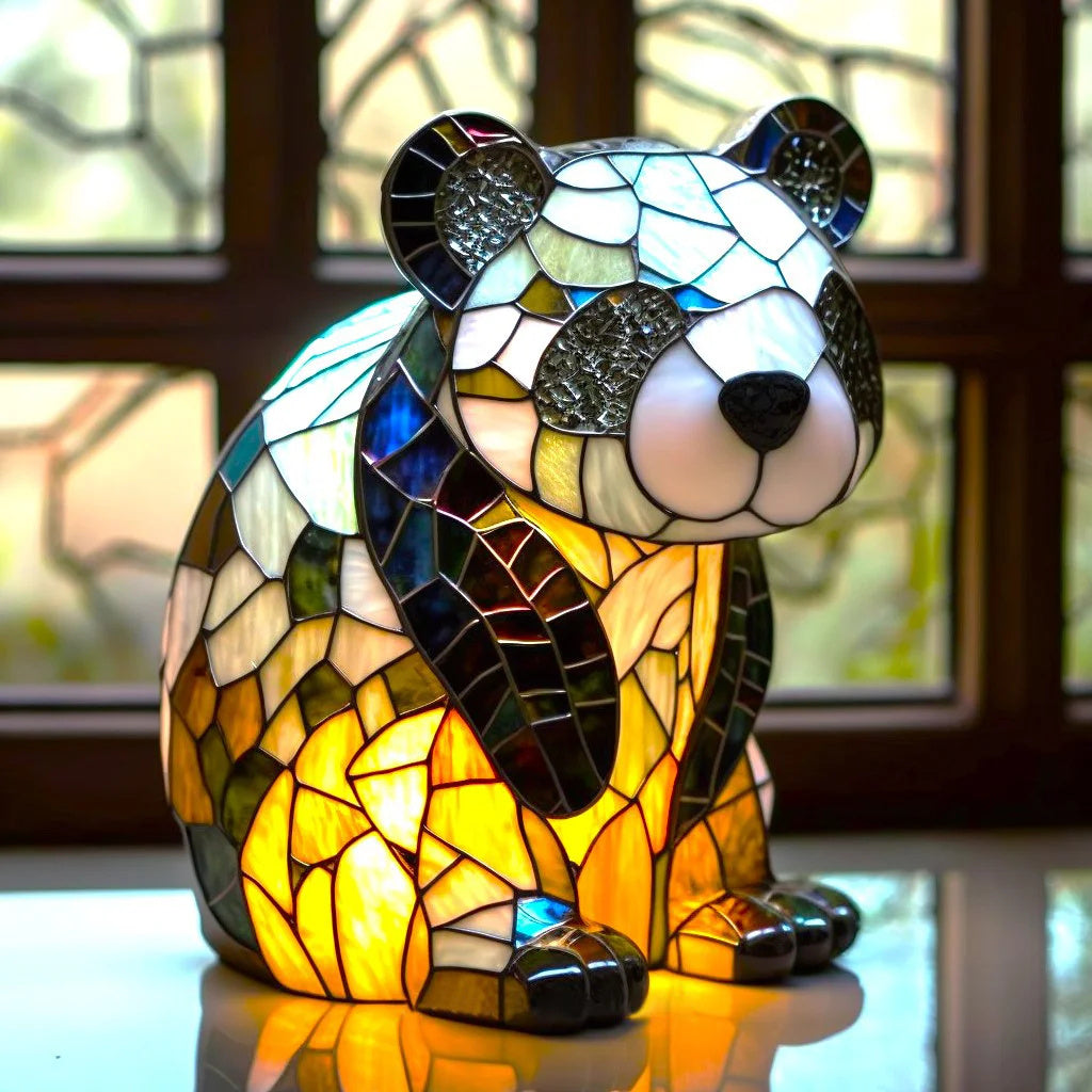 Colourful panda lopi resin table sculpture illuminated from within
