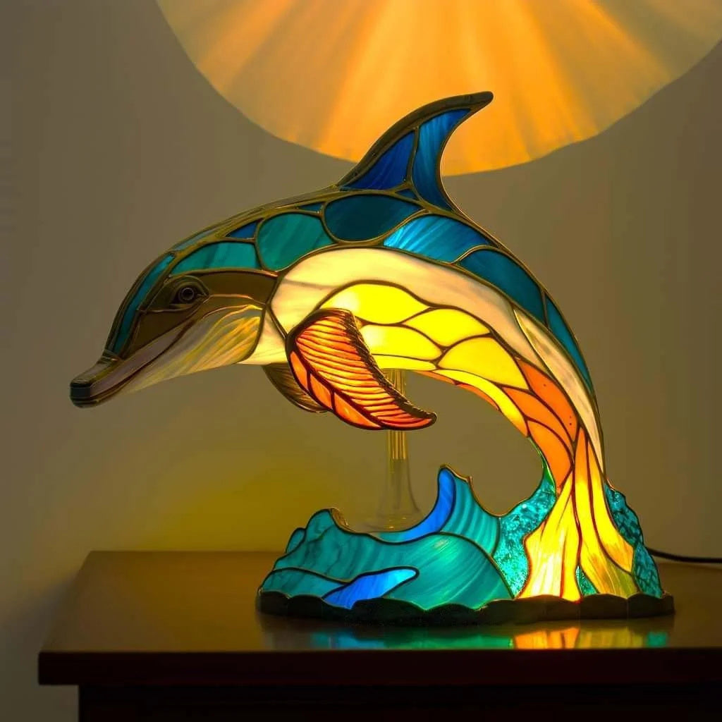 Illuminated lopi mosaic dolphin lamp leaping gracefully over blue waves