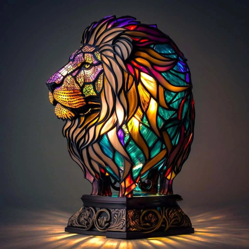 Stained glass effect lion head lopi lamp casting a brilliant, colourful glow