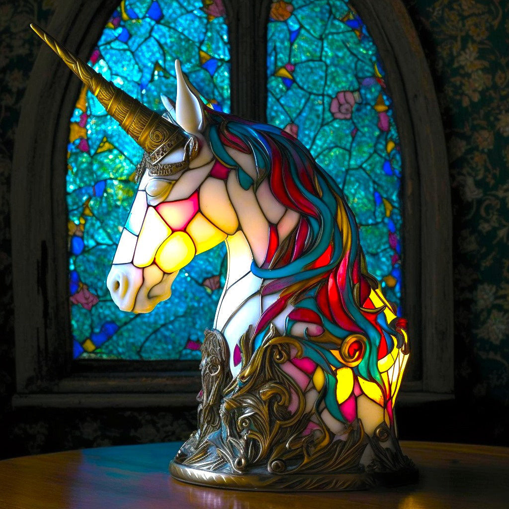 lopi unicorn table lamp with a glowing golden horn and majestic mane