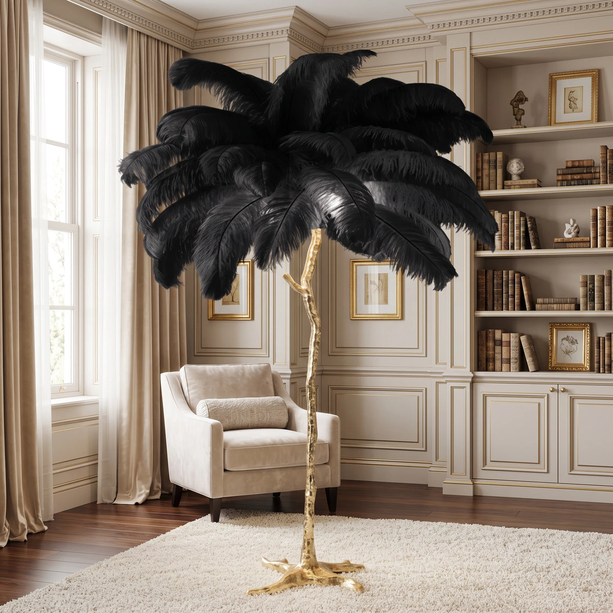 Lorne black ostrich feather floor lamp in an ivory library lounge with sash windows and a velvet armchair
