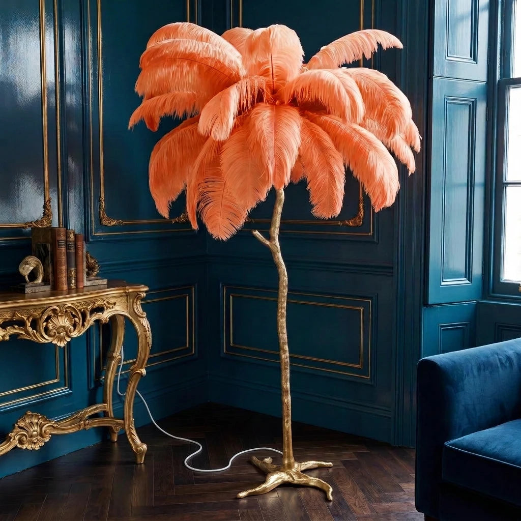 Lorne orange ostrich feather floor lamp in a teal panelled townhouse corner with a gilt console