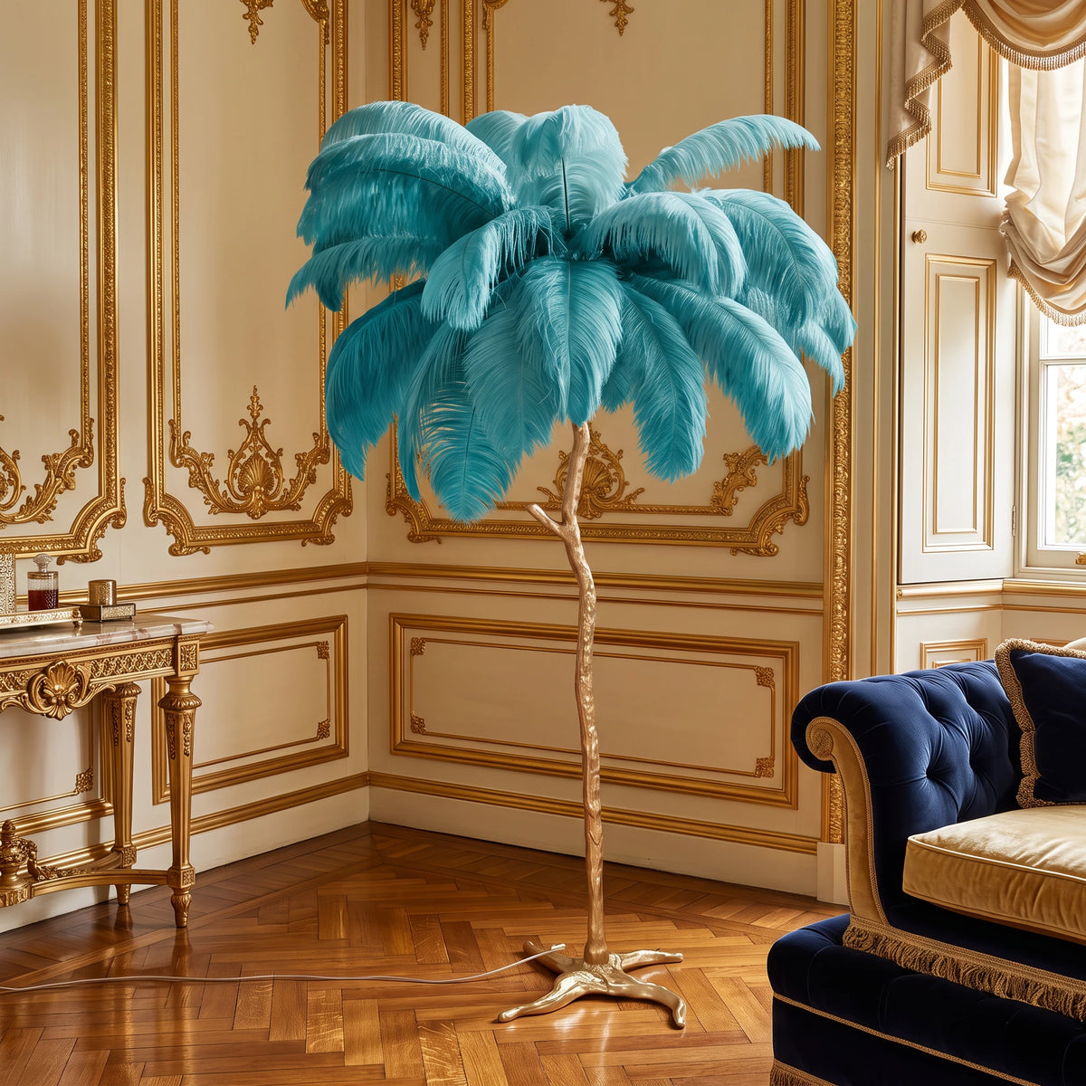 Lorne peacock blue ostrich feather floor lamp in an ivory and gold panelled London drawing room