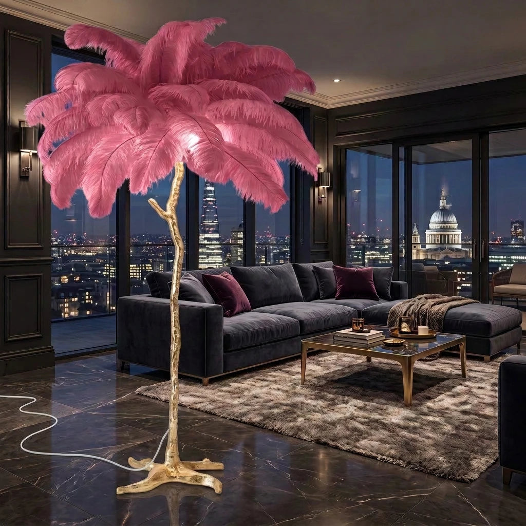 Lorne purple ostrich feather floor lamp in a London penthouse living room with a night skyline view