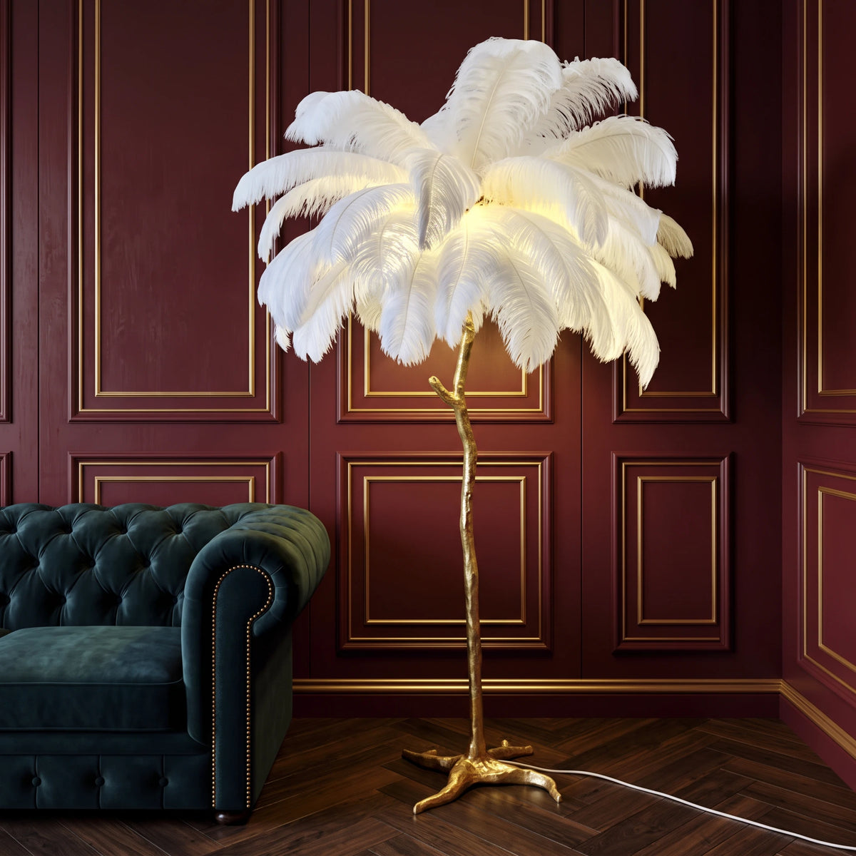 Lorne white ostrich feather floor lamp beside a velvet sofa in a burgundy panelled lounge