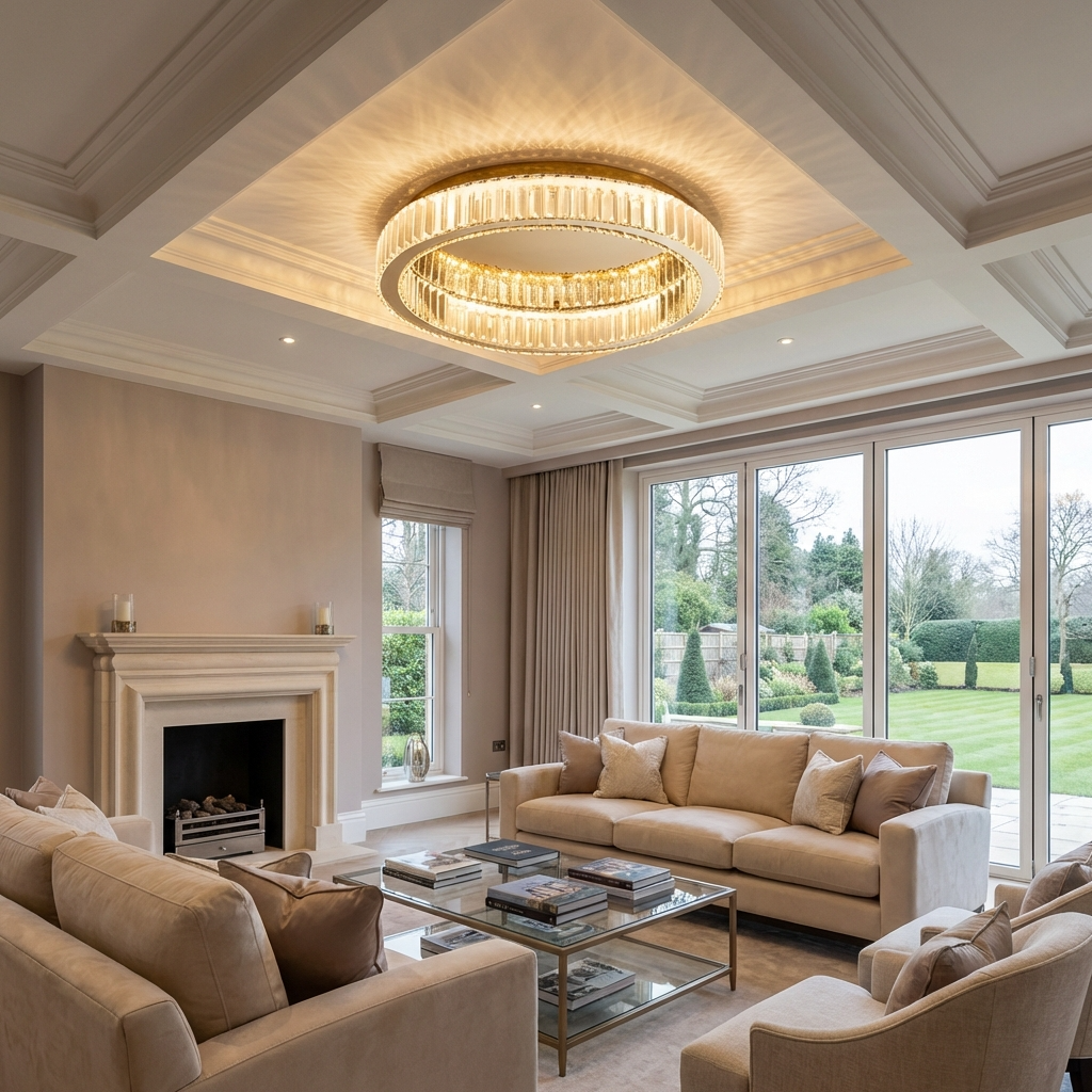 Luxurious gold crystal ring luba ceiling fixture providing ambient light in a modern living space