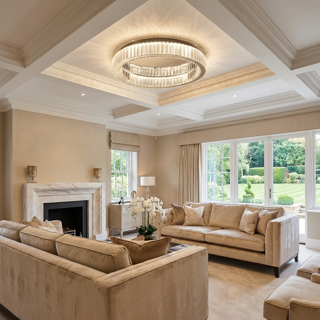 luba modern gold crystal ring light mounted to the ceiling, illuminating a neutral-toned living room