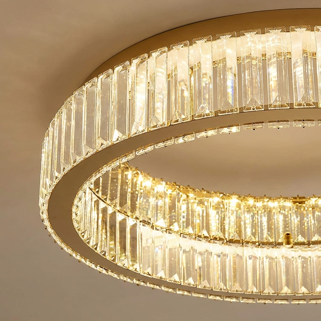 Close-up detail of the premium stainless steel frame and faceted crystals on the gold ring luba ceiling light