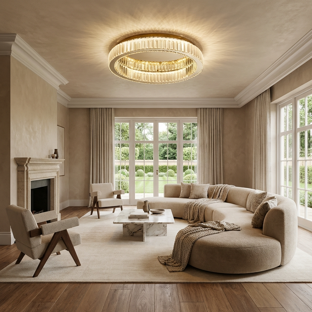 Wide view of a modern gold crystal ring luba ceiling light in a contemporary home setting