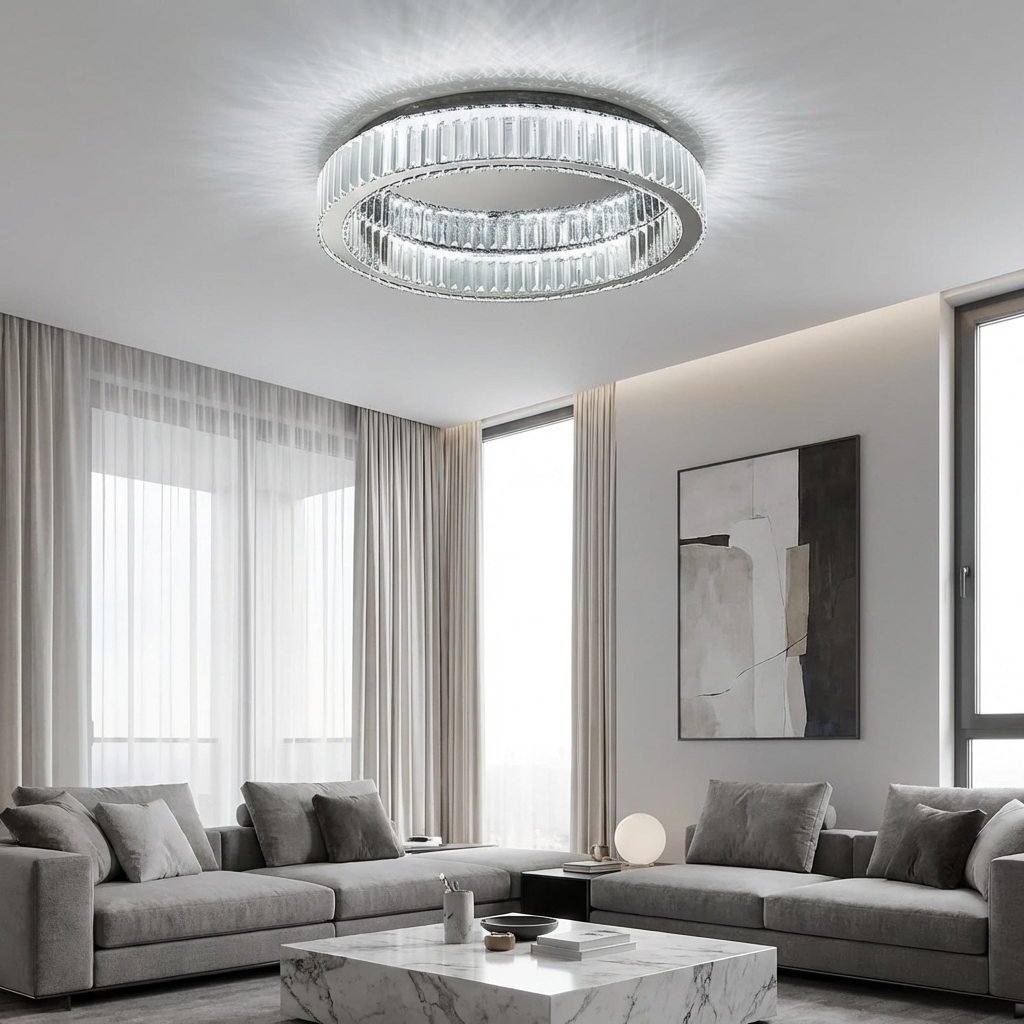Sleek silver crystal ring flush mount luba ceiling light in a modern grey-toned living room