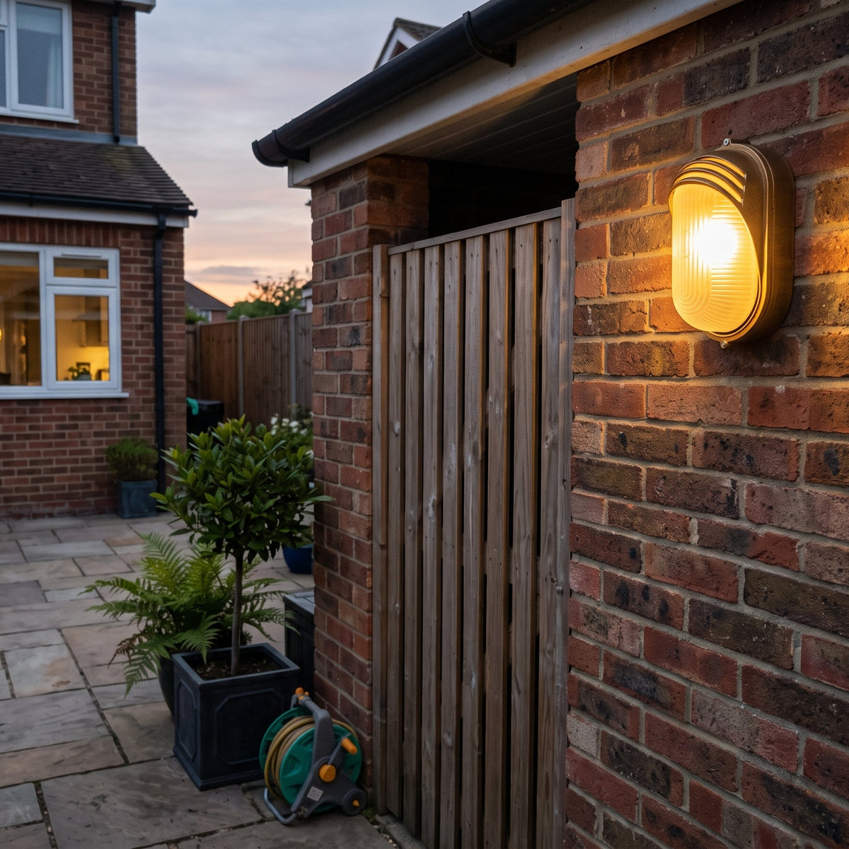 Lude bulkhead wall light lit on a brick wall beside a timber side gate at dusk