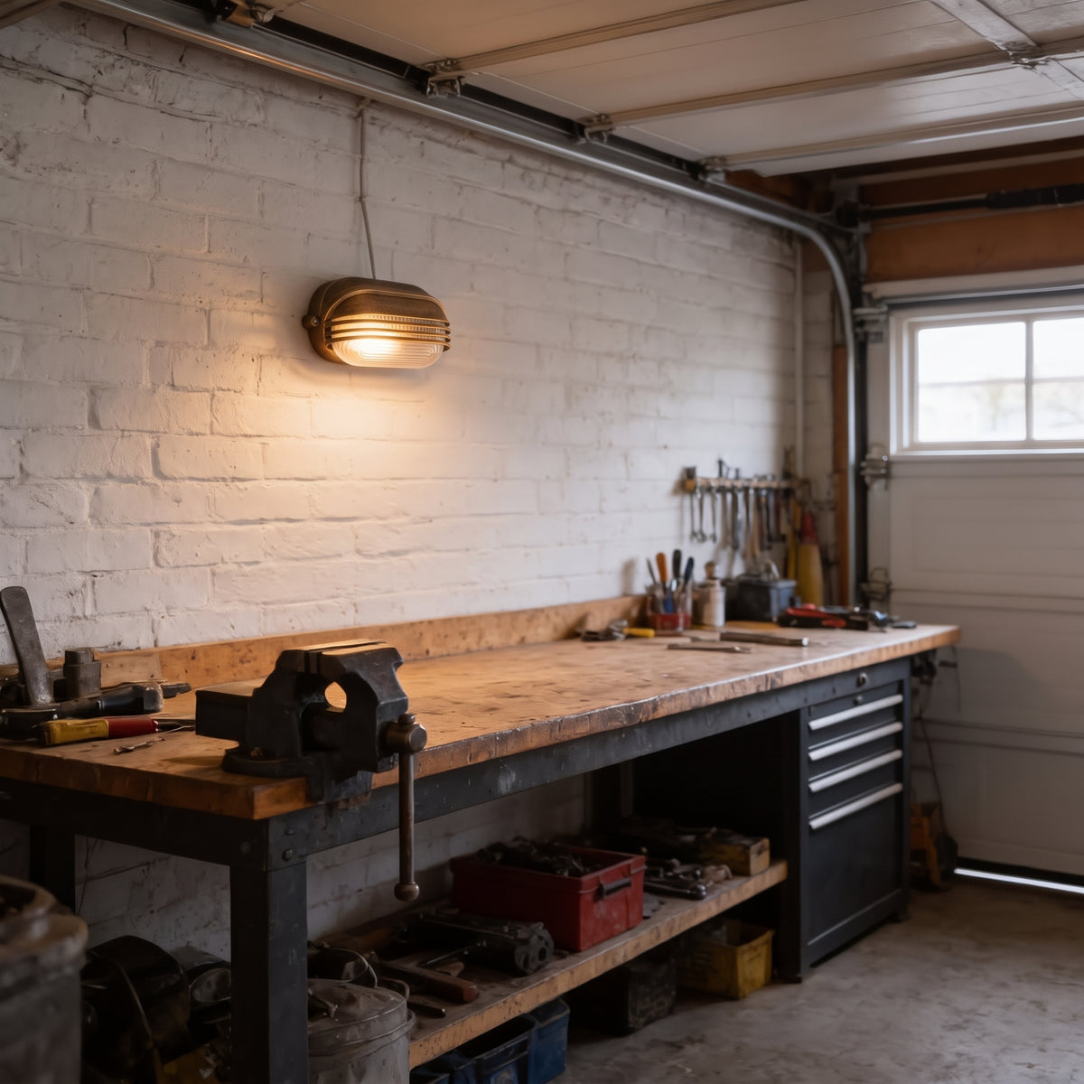 Lude bulkhead light fitted to the ceiling above a workbench in a garage