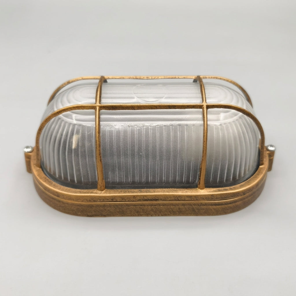 Lude bronze cage guard bulkhead wall light with ribbed glass shade on a plain light background