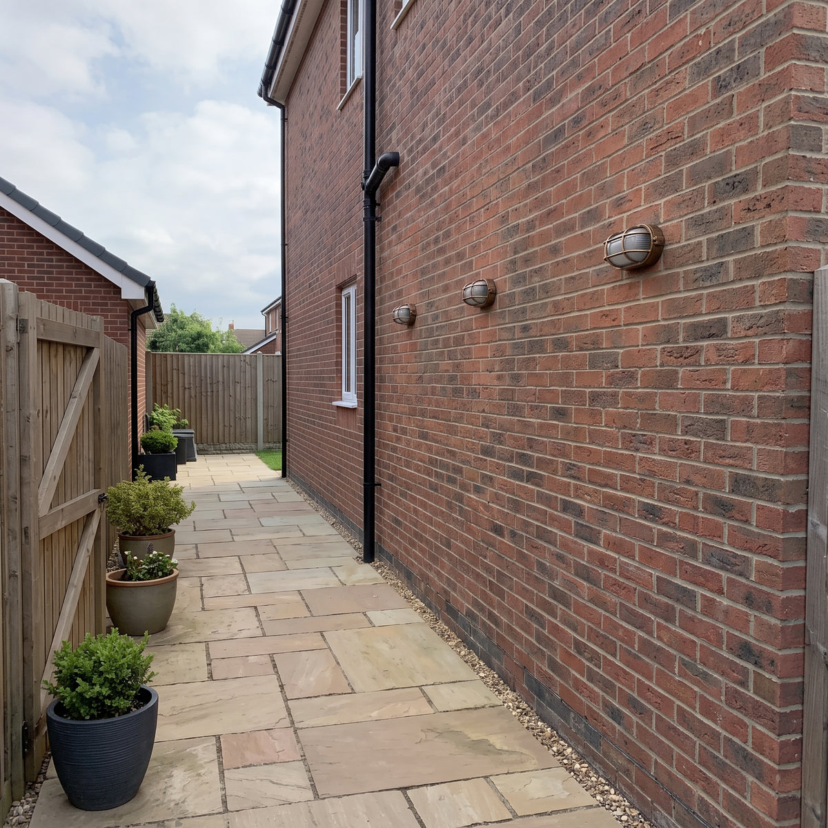 Lude bulkhead wall lights fitted along a brick wall beside a paved side passage