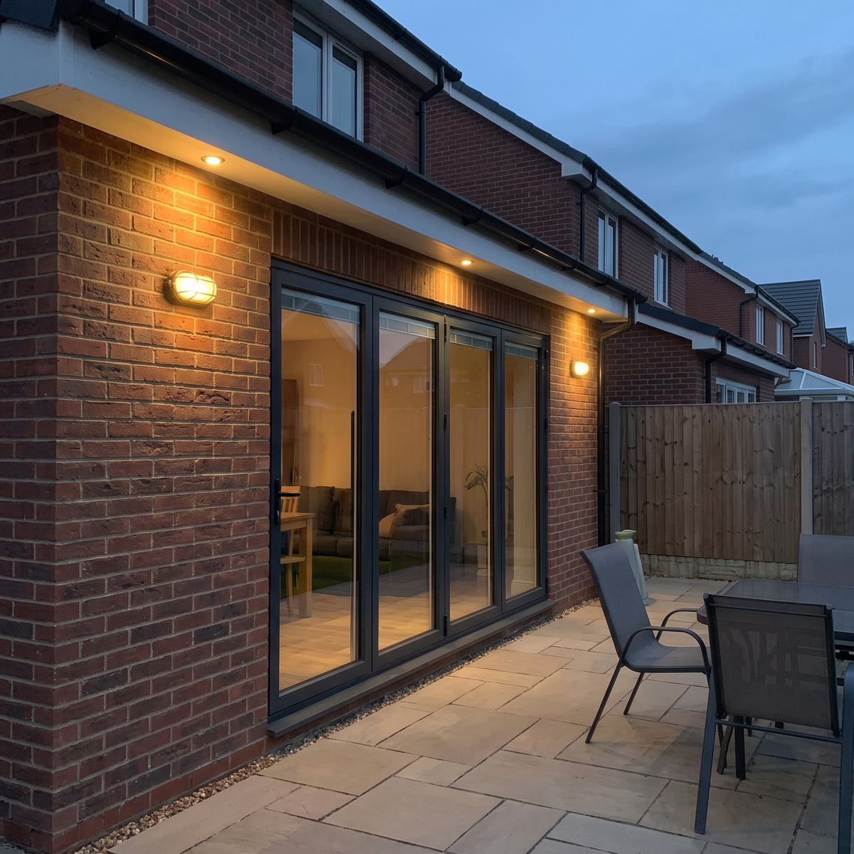 Lude bulkhead wall lights lit either side of bifold doors on a brick extension at dusk