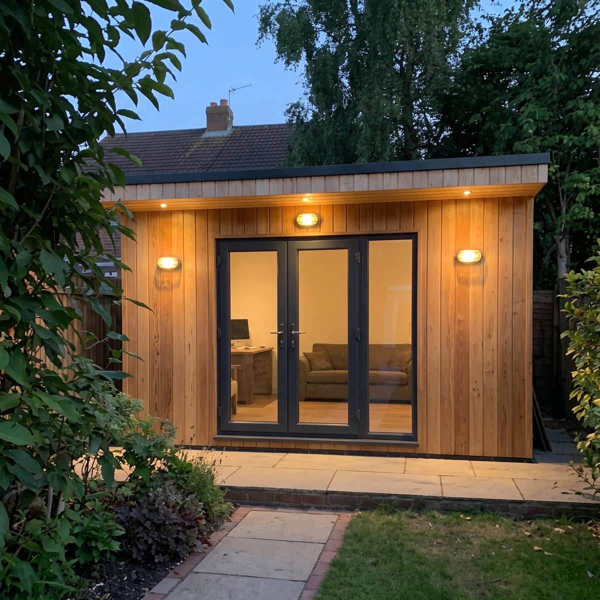 Lude bulkhead wall lights lit on a timber-clad garden room with glazed doors