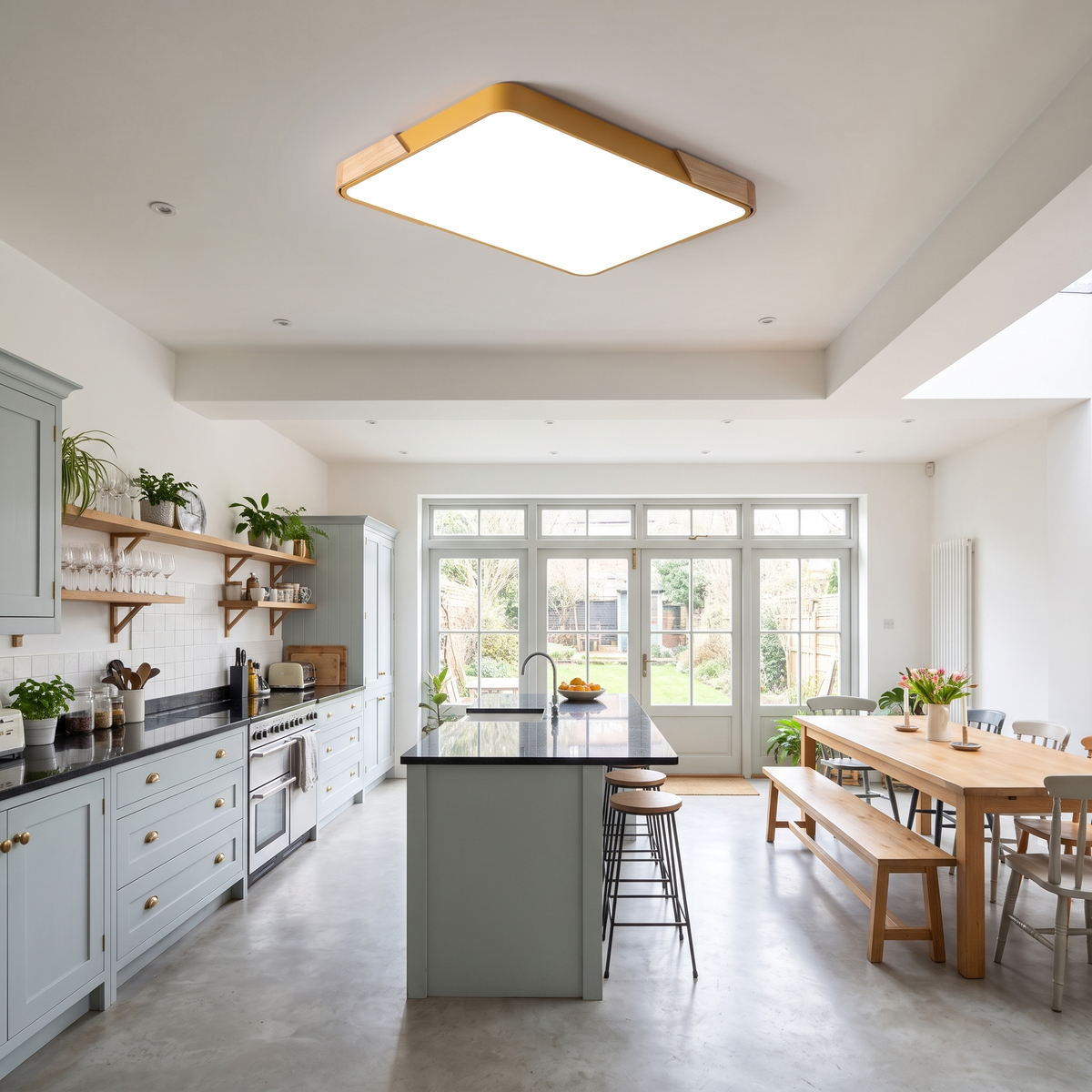 Mavon apricot yellow 110cm x 70cm slim LED flush mount ceiling light in a large kitchen-diner
