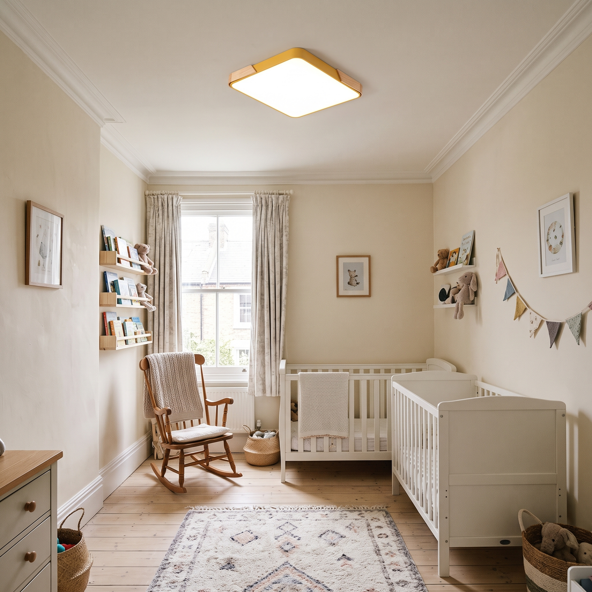 Mavon apricot yellow 40cm x 40cm slim LED flush mount ceiling light in a nursery