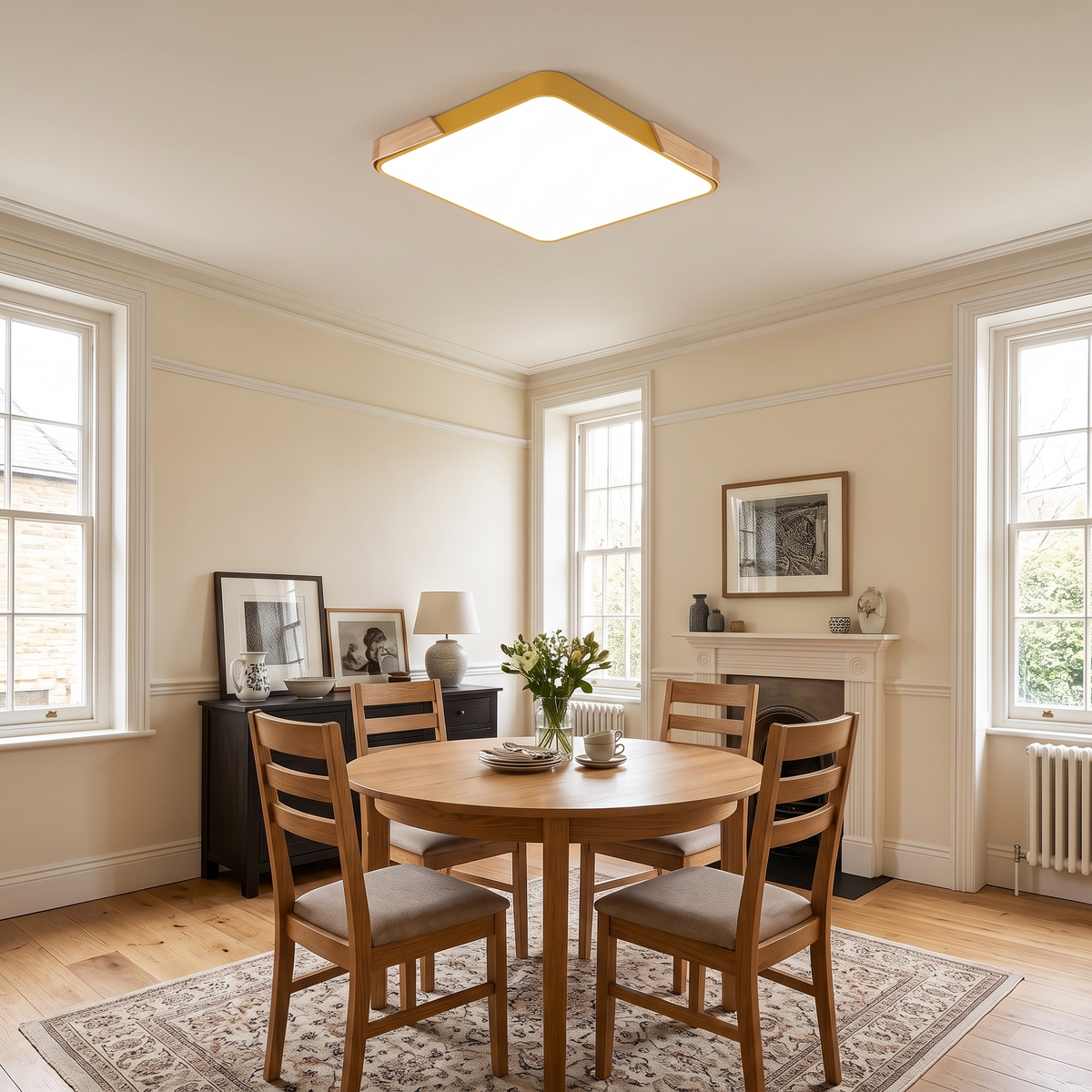 Mavon apricot yellow 50cm x 50cm slim LED flush mount ceiling light in a dining room