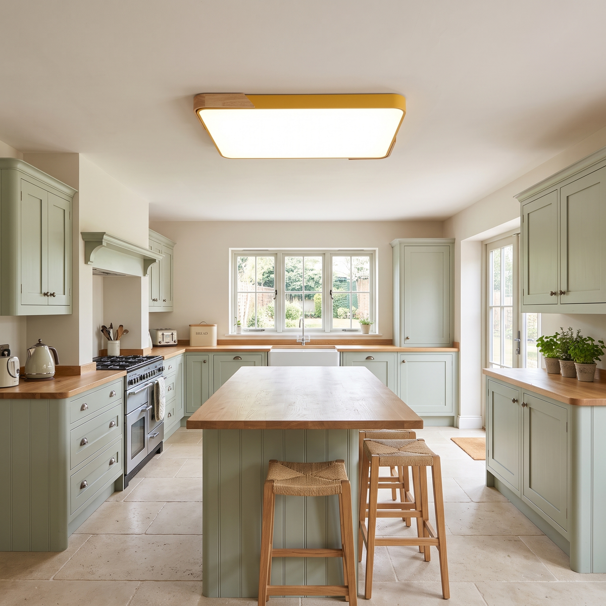 Mavon apricot yellow 65cm x 43cm slim LED flush mount ceiling light in a kitchen with an island