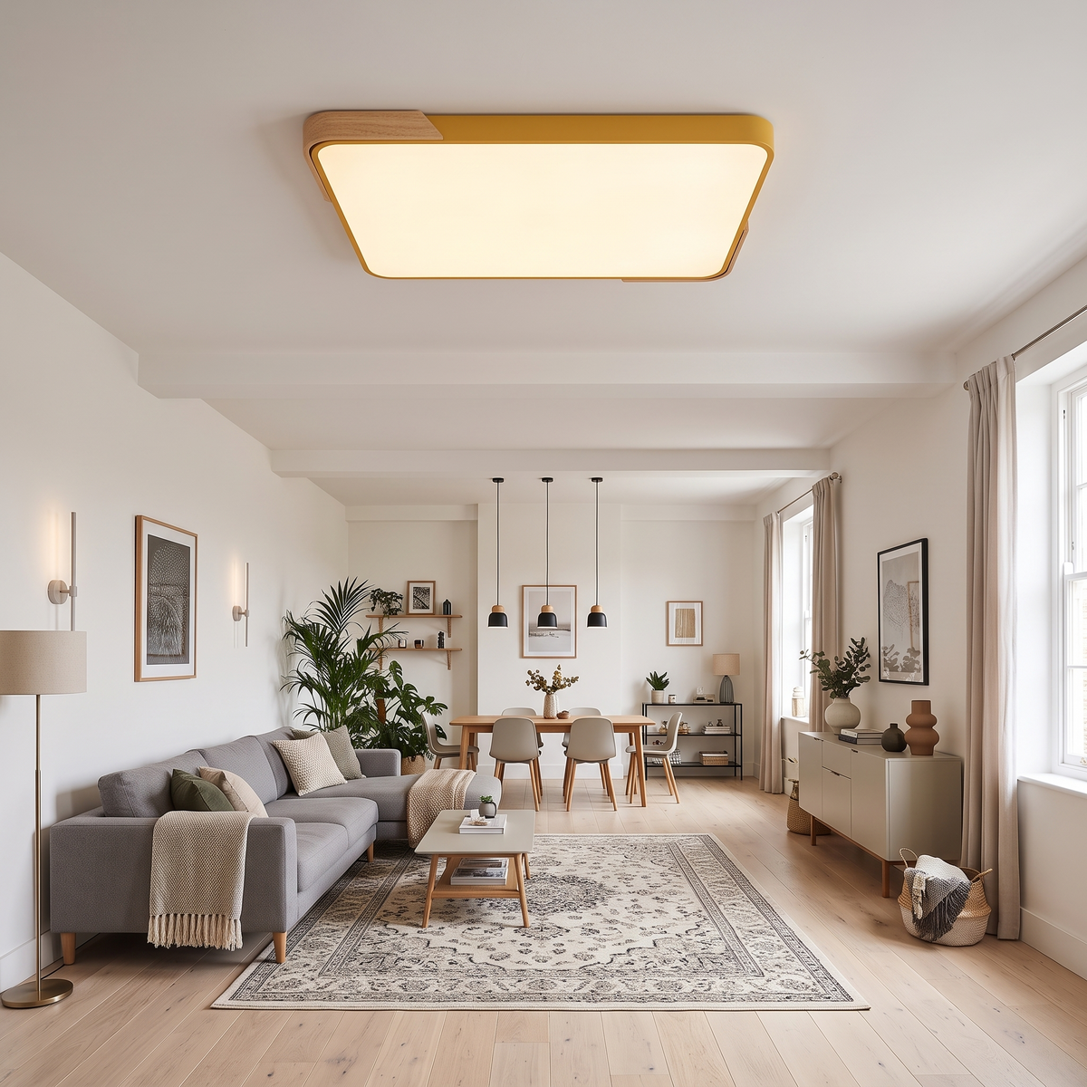 Mavon apricot yellow 88cm x 62cm slim LED flush mount ceiling light in a large open-plan living and dining room