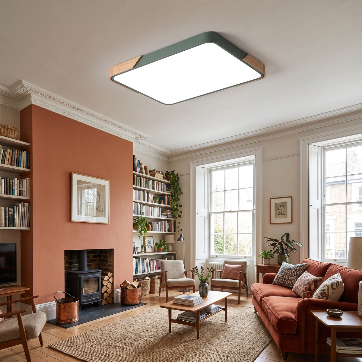 Mavon army green 110cm x 70cm slim LED flush mount ceiling light in a large living room