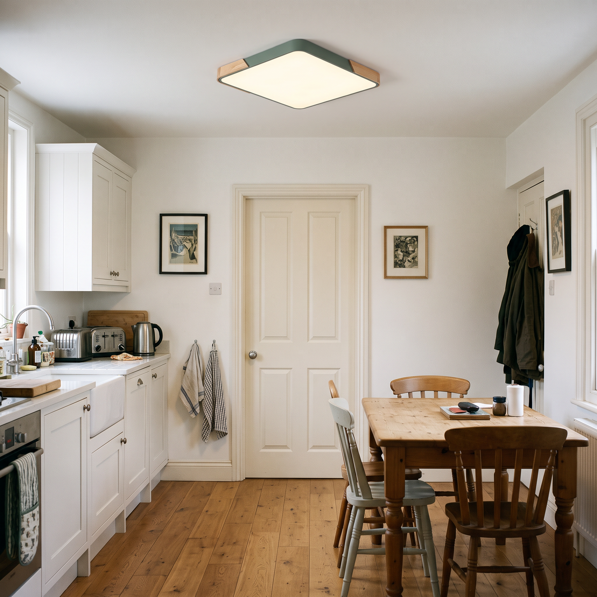 Mavon army green 50cm x 50cm slim LED flush mount ceiling light in a kitchen-diner