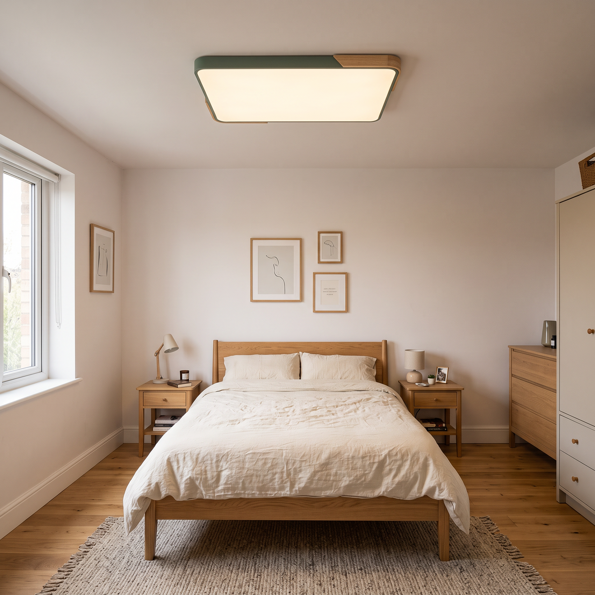Mavon army green 65cm x 43cm slim LED flush mount ceiling light in a double bedroom