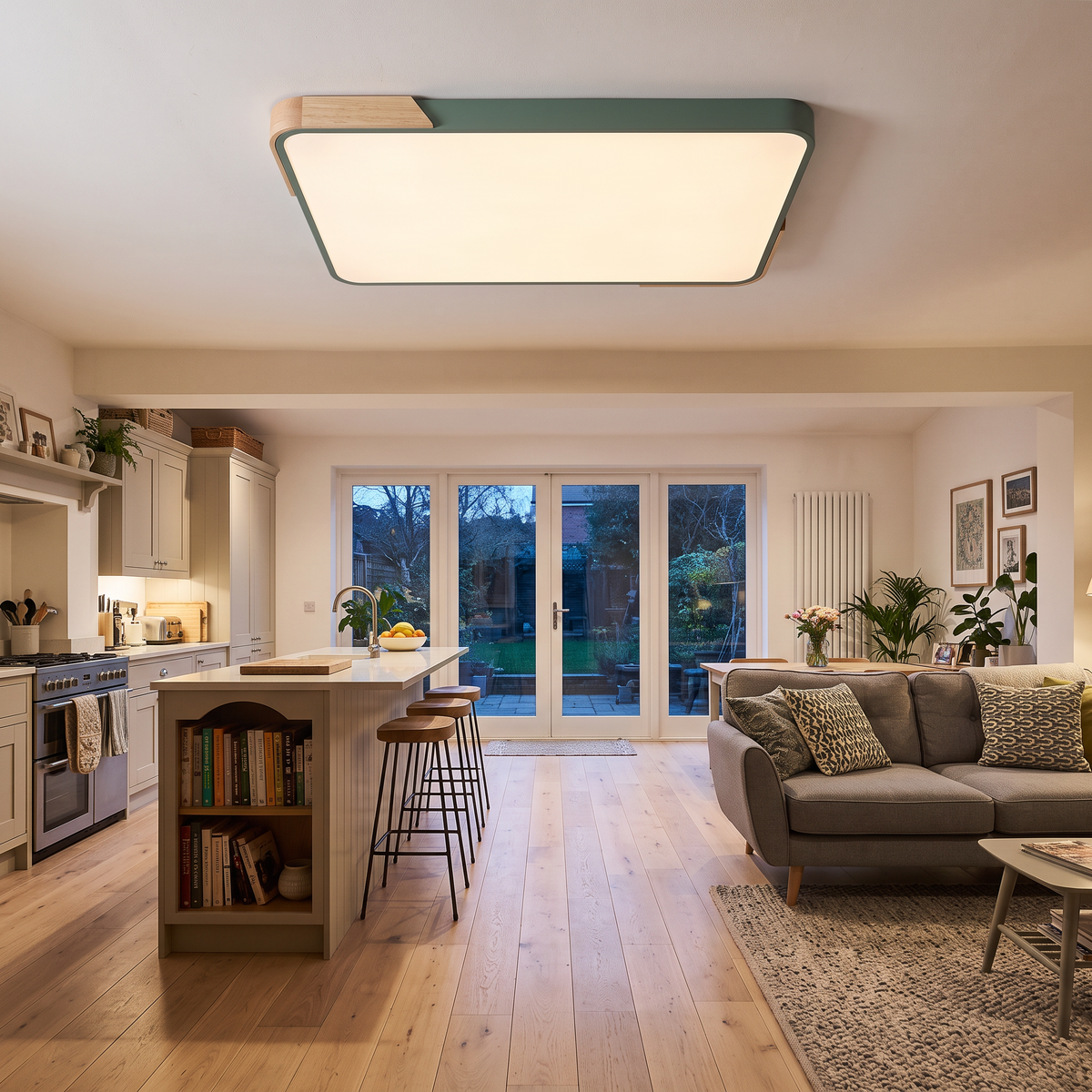 Mavon army green 88cm x 62cm slim LED flush mount ceiling light in an open-plan kitchen and living room