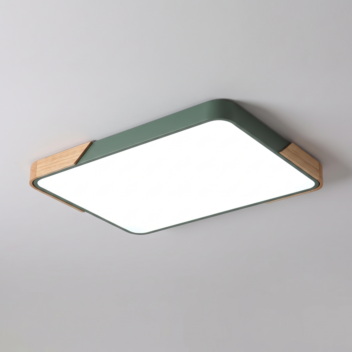 Mavon army green rectangular slim LED flush mount ceiling light with wood corner trim, fitted flat to a ceiling