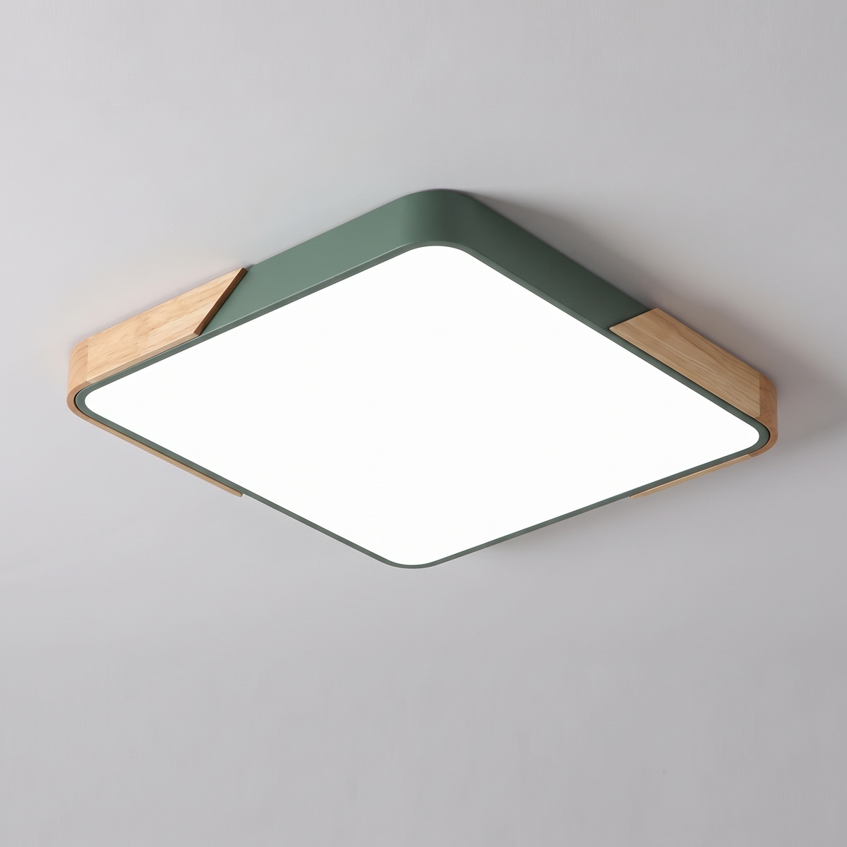 Mavon army green square slim LED flush mount ceiling light with wood corner trim, fitted flat to a ceiling