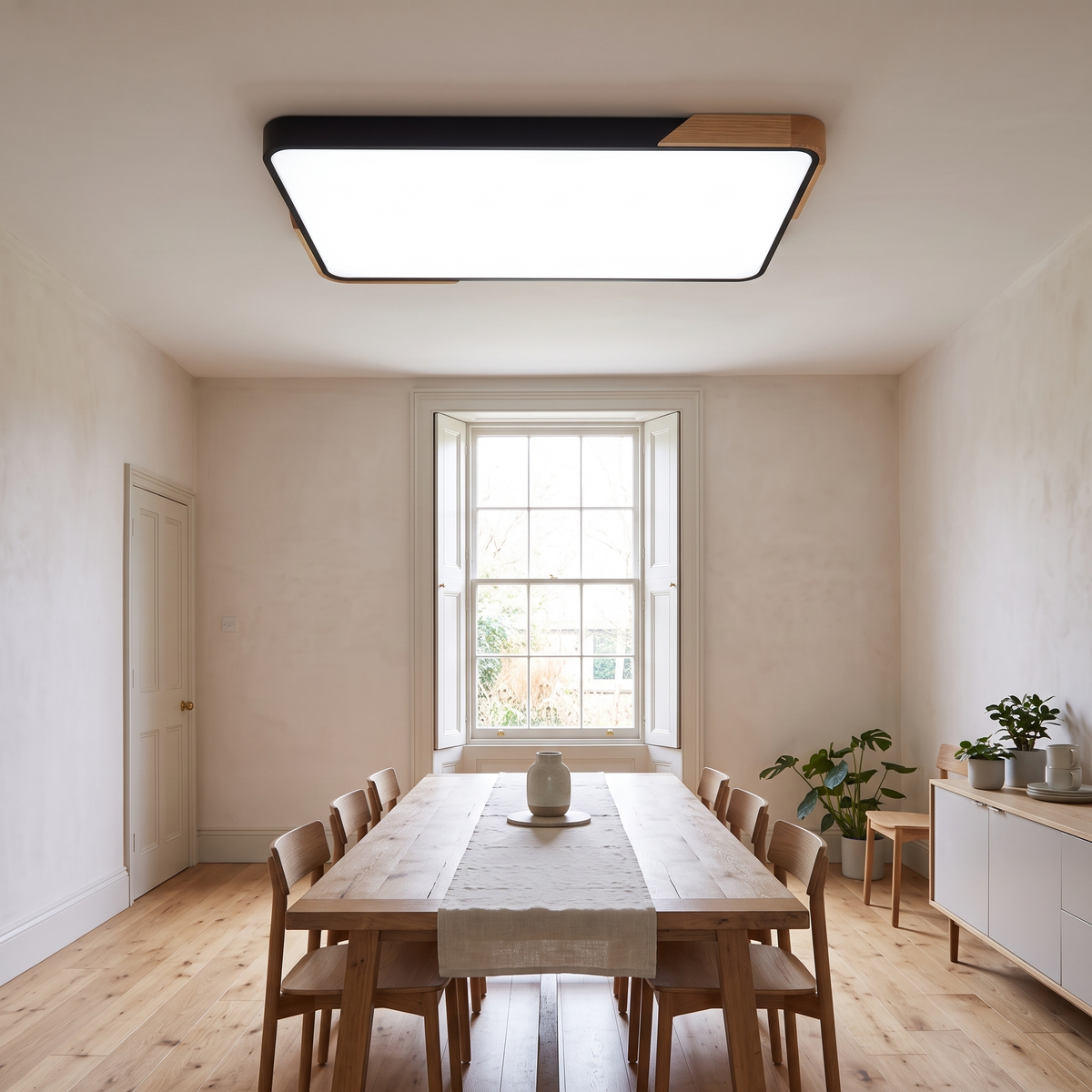 Mavon black 110cm x 70cm slim LED flush mount ceiling light in a bright living and dining room