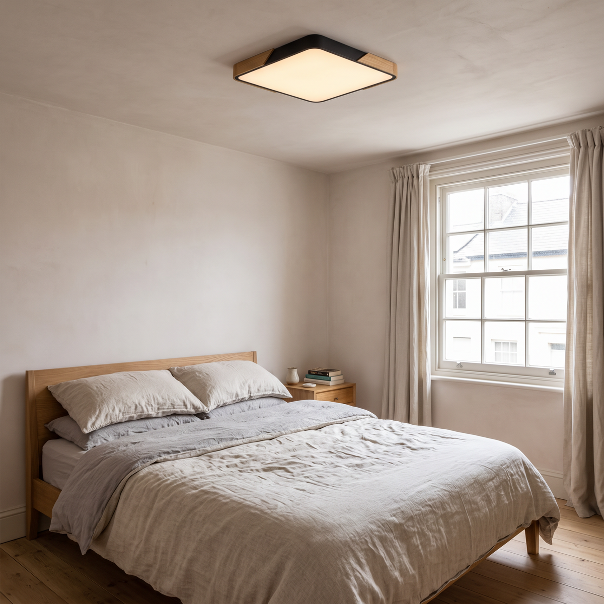 Mavon black 40cm x 40cm slim LED flush mount ceiling light in a double bedroom