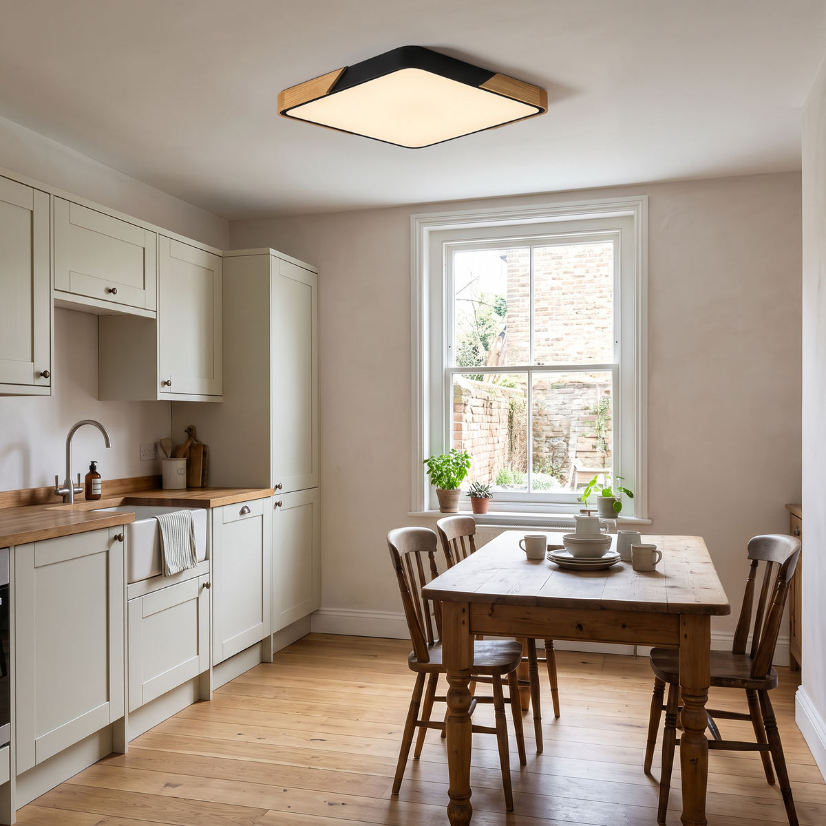 Mavon black 50cm x 50cm slim LED flush mount ceiling light in a kitchen-diner