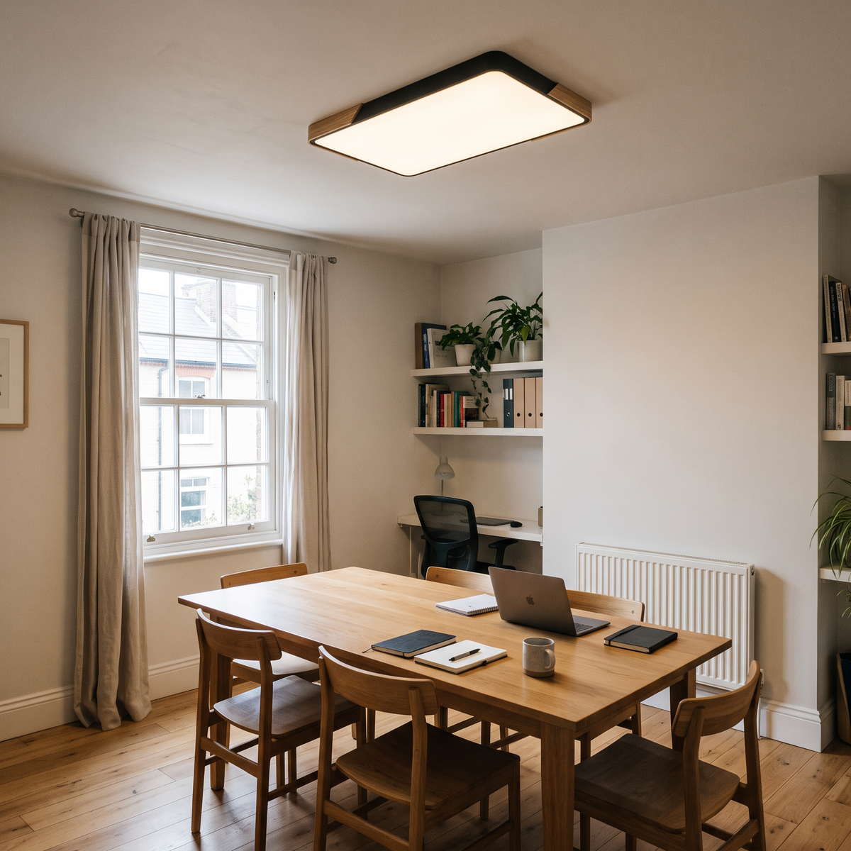 Mavon black 65cm x 43cm slim LED flush mount ceiling light in a dining room and home office