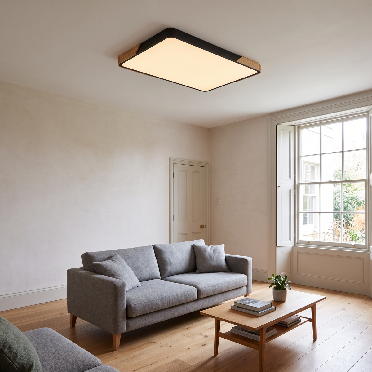 Mavon black 88cm x 62cm slim LED flush mount ceiling light in a large living room
