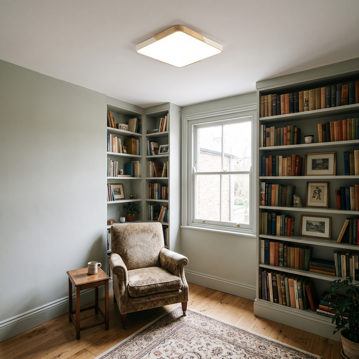 Mavon ivory white 40cm x 40cm slim LED flush mount ceiling light in a reading room with an armchair