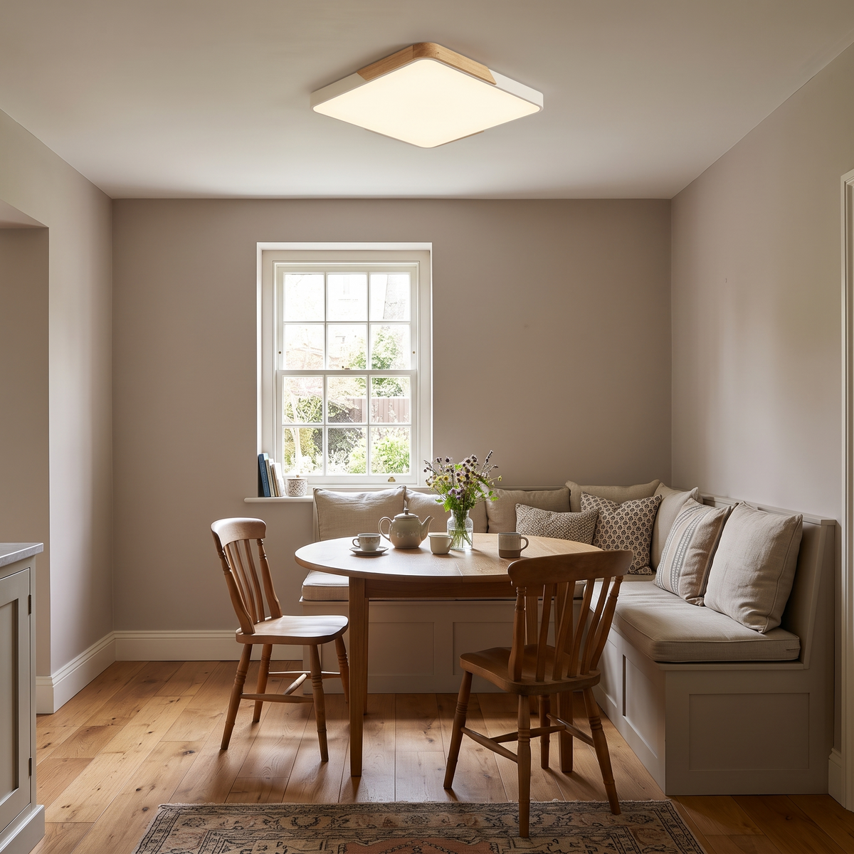 Mavon ivory white 50cm x 50cm slim LED flush mount ceiling light in a breakfast room