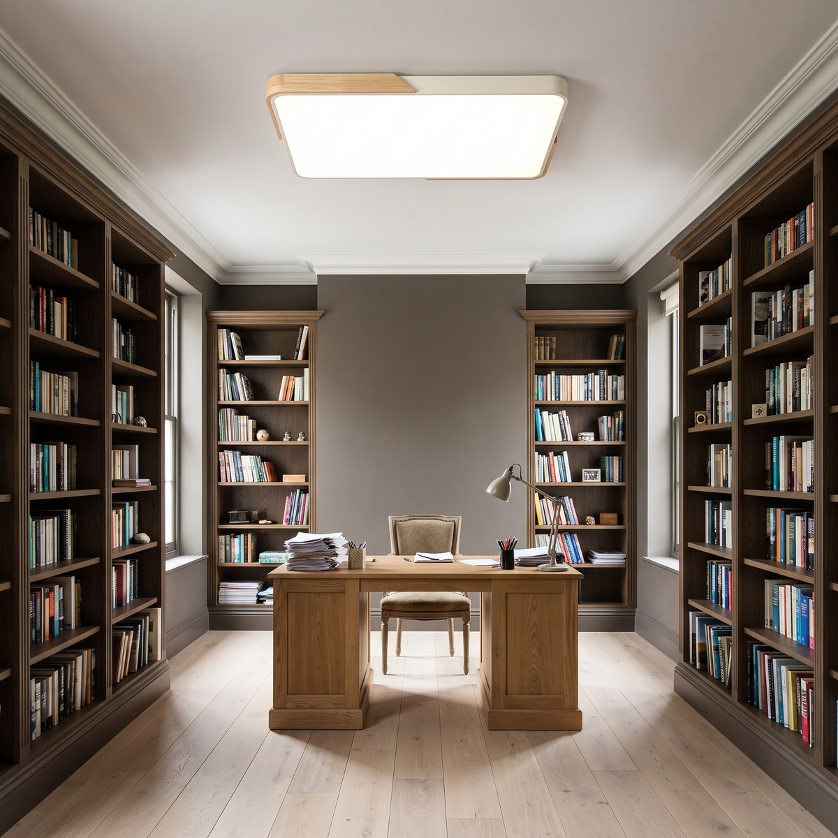 Mavon ivory white 65cm x 43cm slim LED flush mount ceiling light in a study with bookshelves