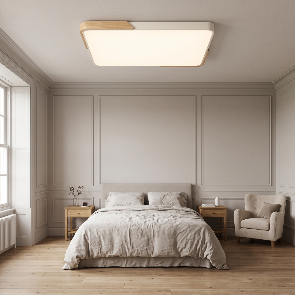 Mavon ivory white 88cm x 62cm slim LED flush mount ceiling light in a large master bedroom