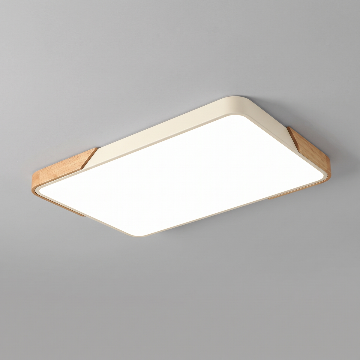 Mavon ivory white rectangular slim LED flush mount ceiling light with wood corner trim, fitted flat to a ceiling