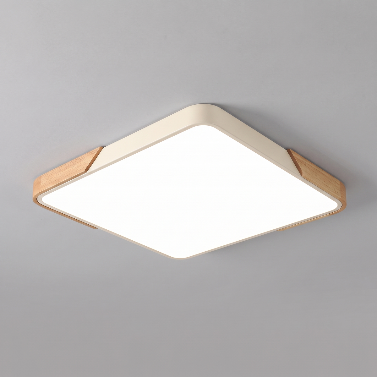 Mavon ivory white square slim LED flush mount ceiling light with wood corner trim, fitted flat to a ceiling
