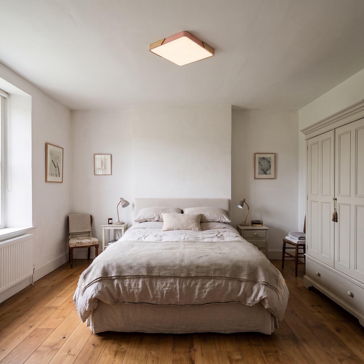 Mavon peach pink 40cm x 40cm slim LED flush mount ceiling light in a guest bedroom