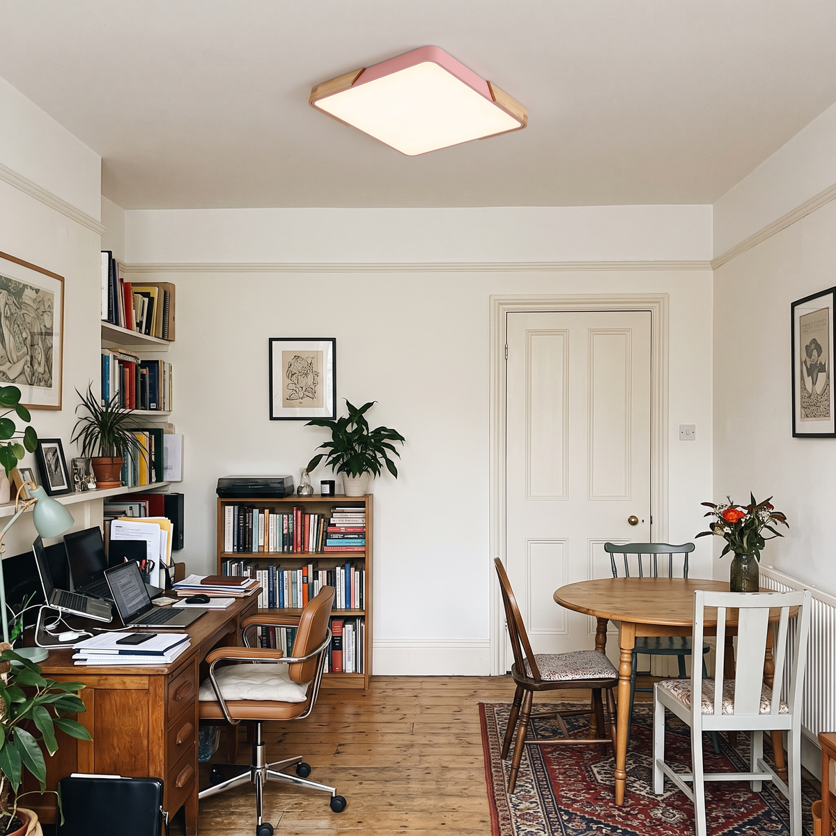 Mavon peach pink 50cm x 50cm slim LED flush mount ceiling light in a home office with a dining table