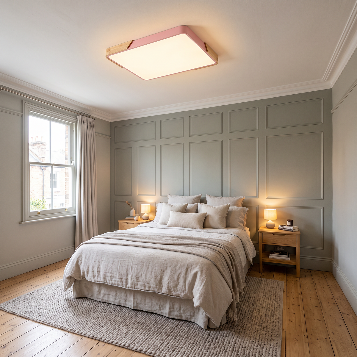 Mavon peach pink 65cm x 43cm slim LED flush mount ceiling light in a main bedroom