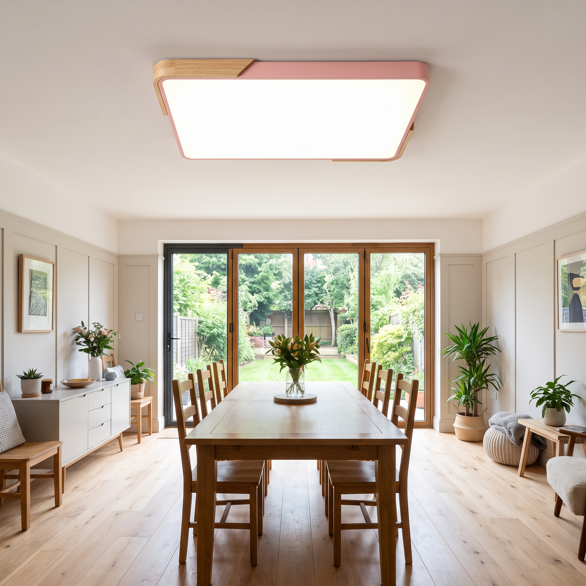 Mavon peach pink 88cm x 62cm slim LED flush mount ceiling light in a dining room with a long table