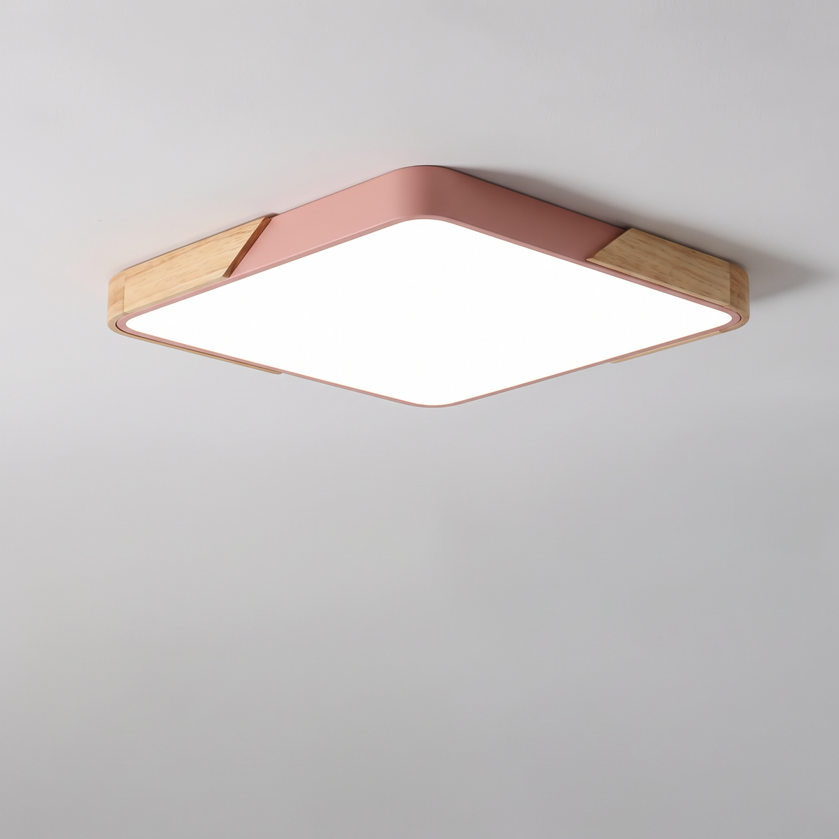 Mavon peach pink square slim LED flush mount ceiling light with wood corner trim, fitted flat to a ceiling