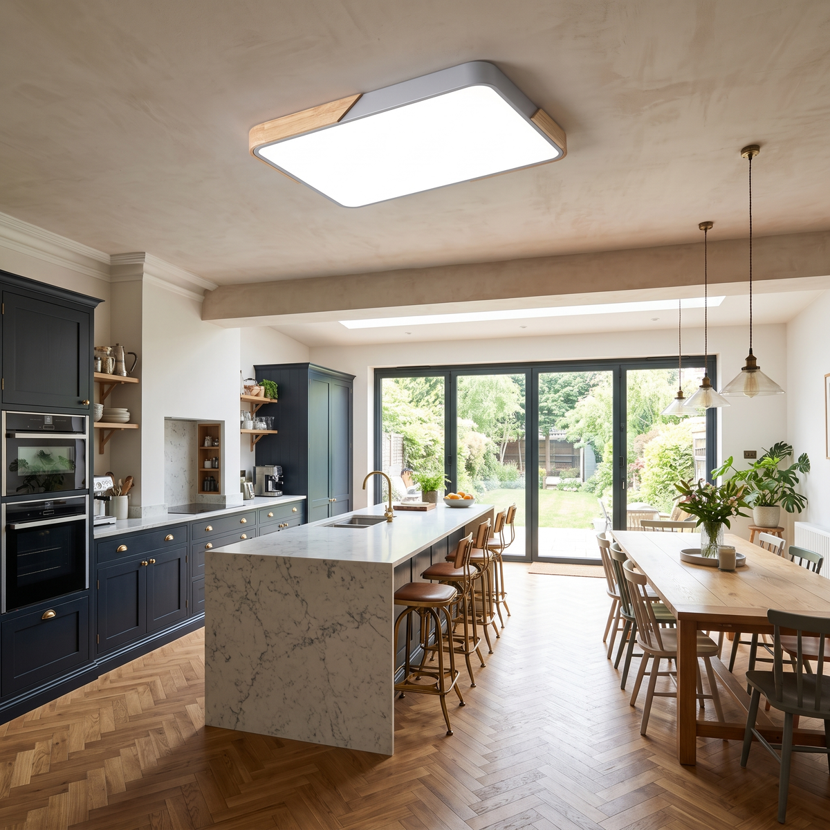 Mavon silver grey 110cm x 70cm slim LED flush mount ceiling light in a large navy kitchen-diner